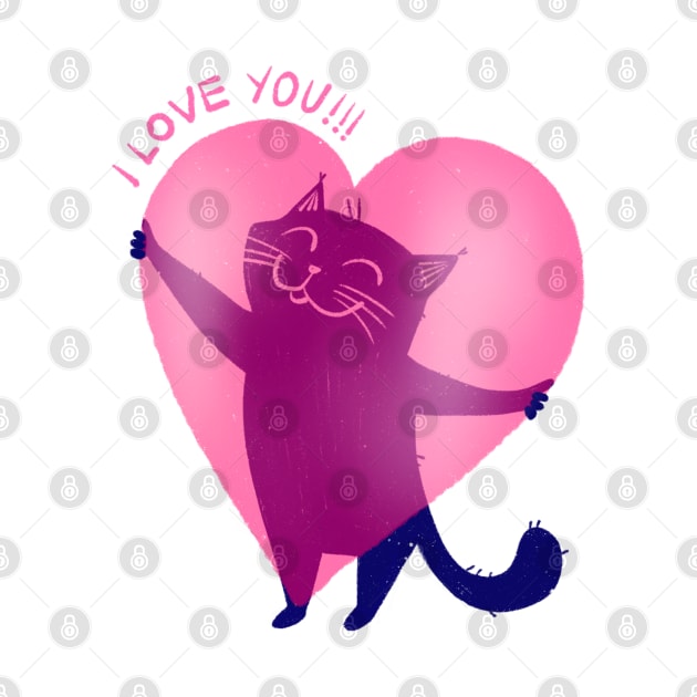 Cute blue cat holding a big pink heart - version 2 by iulistration