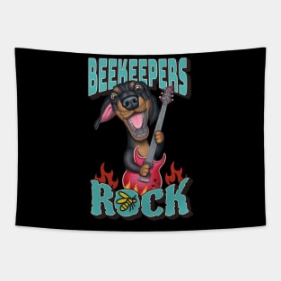 Cute funny Beekeepers Rock with dachshund doxie dog with guitar tee Tapestry
