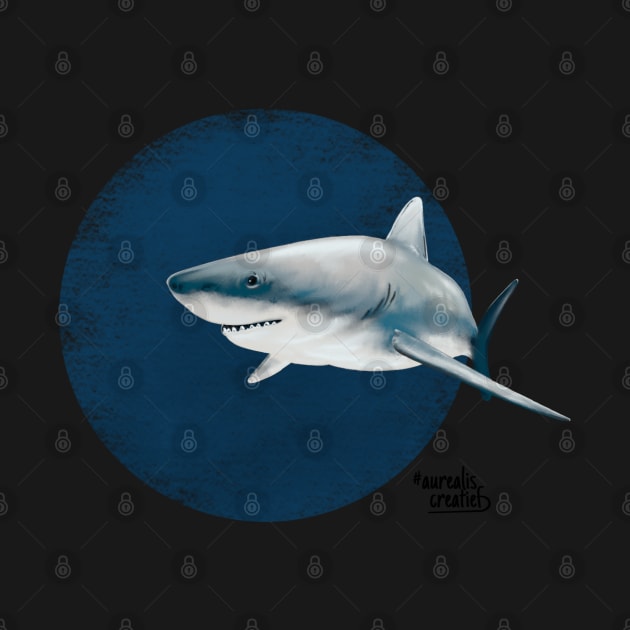 Scuba diving with white shark in deep blue by Aurealis