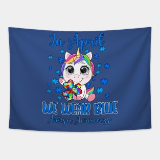 We Wear Blue Puzzle Pieces Shamrock Unicorn Autism Awareness Tapestry