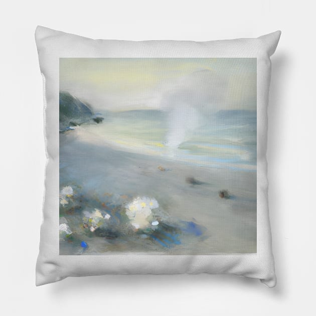 Beach Landscape Pastel Painting Pillow by druidwolfart