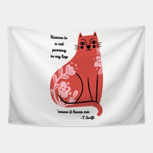 Karma is a Cat Red Folk Flower Design Tapestry