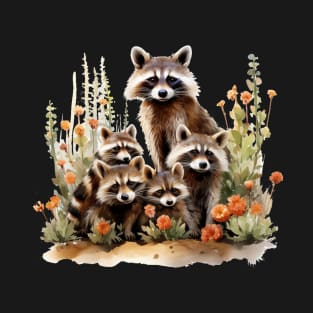 Raccoon Familly In Flowers T-Shirt