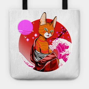 Purrfect Geisha: Cat in Kimono with Wave Tote