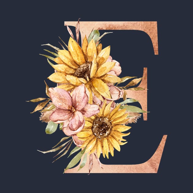 Watercolor sunflower floral  wedding monogram, E letter illustration by tiana geo