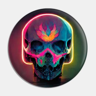 Neon skull glows in pink, blue and yellow. Pin