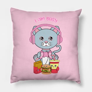 I am busy, cute cat playing videogames Pillow