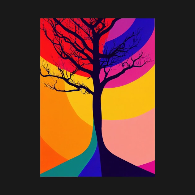 Lonely Tree Under a Rainbow Night Sky - Vibrant Colored Whimsical - Abstract Minimalist Bright Colorful Nature Poster Art of a Leafless Branches by JensenArtCo