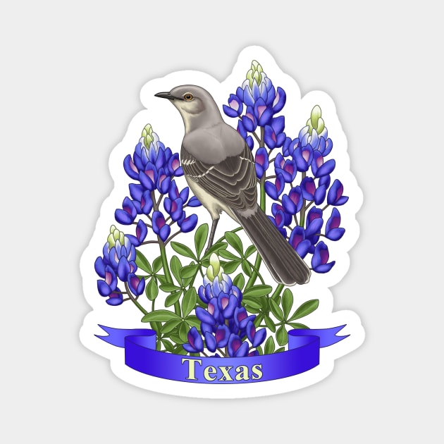 Texas State Mockingbird and Bluebonnet Flower Magnet by csforest