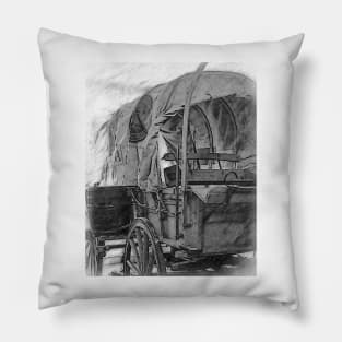 Black And White Sketched Covered Wagon Pillow