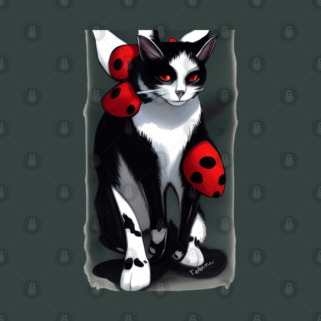 Cute Tuxedo Cat with Ladybugs Copyright TeAnne by TeAnne
