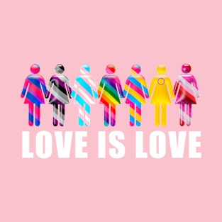 Love is Love with Women icons in LGTBQi+ flag colors T-Shirt