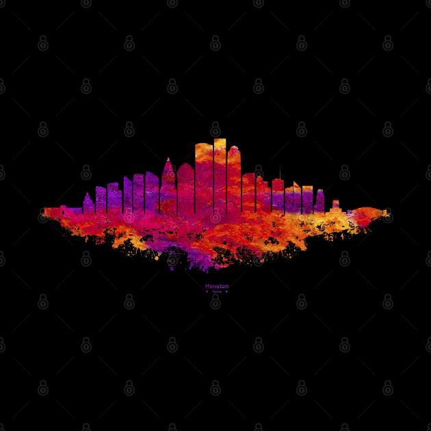 Houston City Skyline - Watercolor Red, orange, purple, by SPJE Illustration Photography