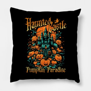 Halloween, haunted castle, spooky castle, pumpkin paradise, pumpkin castle, halloween tee, horror castle, haunted mansion, pumpkin halloween Pillow