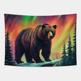 Brown Bear with Forest and Borealis, Colorful, Beautiful Tapestry