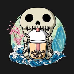 Boba Tea Halloween Skeleton Great Wave Kanagawa T-Shirt