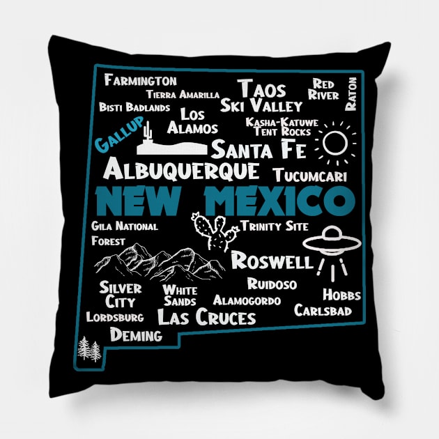 Gallup New Mexico map Albuquerque Map Santa Fe Los Alamos, Taos,Roswell Las Cruces Deming Carlsbad Hobbs Silver City Pillow by BoogieCreates