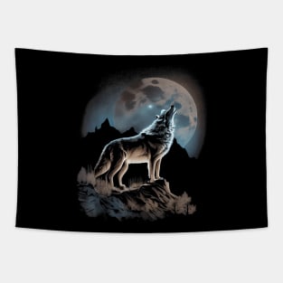 Wolf Lookout Full Moon on Mountain Tapestry