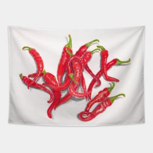 Red Cayenne Peppers on White, Colored Pencil Tapestry