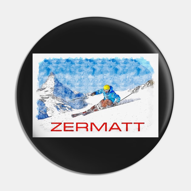 Zermat, Switzerland, Ski Poster Pin by BokeeLee