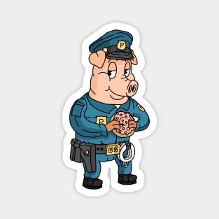 police pig eating a donut, cartoon. Magnet