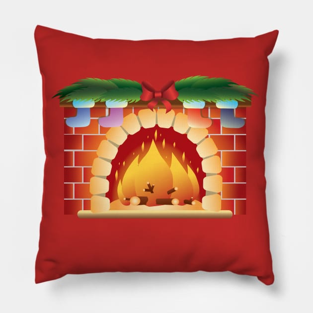 Fireplace and fire. On the fireplace are New Year's boots, a bow and Christmas tree branches. Pillow by ClubFate