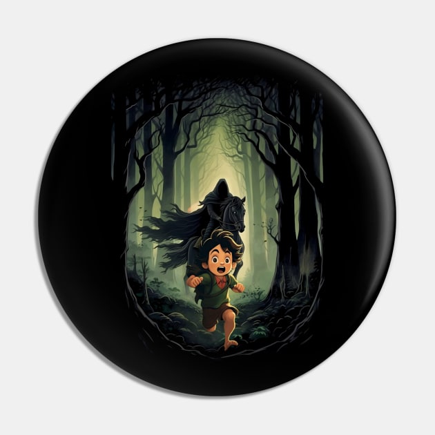 Dark Persuit - Halfling Fleeing from a Black Rider - Fantasy Pin by Fenay-Designs