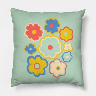 Hippie retro 70s flower pattern in blue, yellow and red Pillow