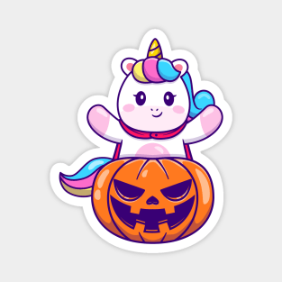 Cute Unicorn With Halloween Pumpkin Magnet