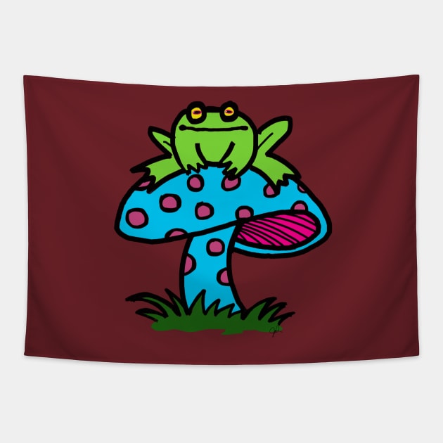 frog on a mushroom Tapestry by wolfmanjaq