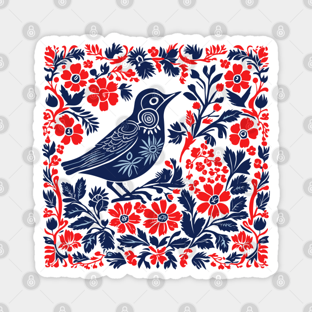 Blue and red Bird and Flowers Scandinavian Folk Art Magnet by craftydesigns