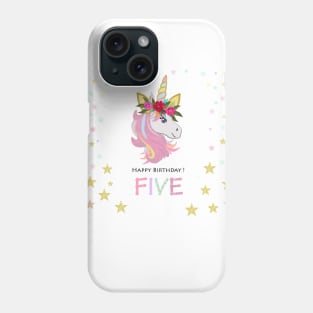 Five birthday greeting. Fifth. Magical Unicorn Birthday invitation. Party invitation greeting card Phone Case