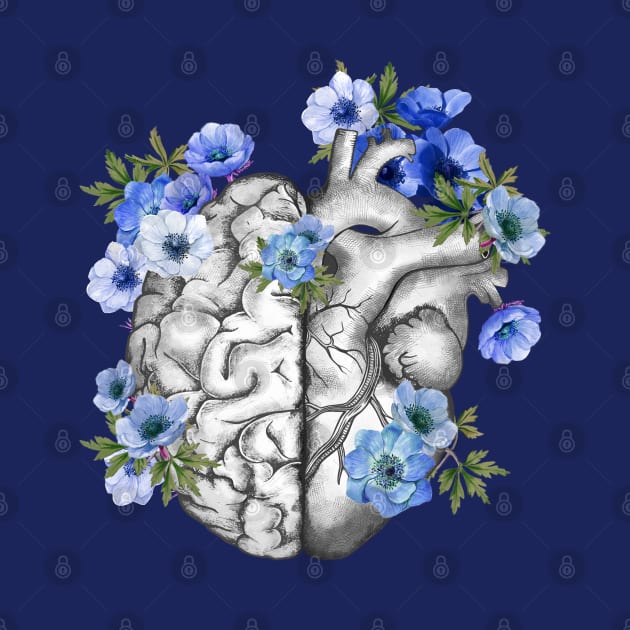 Right balance between head or brain and heart, Half heart and brain, blue anemones flowers anemoneus by Collagedream