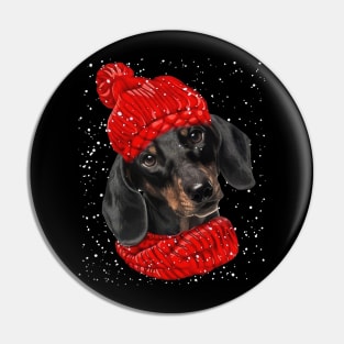 Black Dachshund Wearing Red Hat And Scarf Christmas Pin