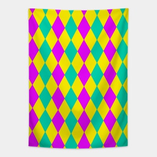 Teal, Purple Yellow Mardi Gras Diamond Harlequin Pattern Tapestry