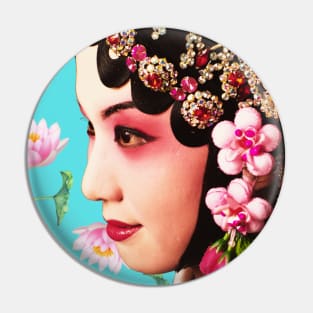 Chinese Opera Star with Lotus Flowers Turquoise - Hong Kong Retro Pin