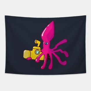 Squid riding in yellow submarine Tapestry