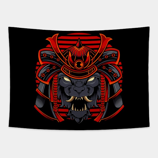 Roaring Samurai: Powerful Wolf Head with a Warrior's Helmet Tapestry by masrxyan