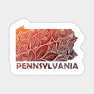 Colorful mandala art map of Pennsylvania with text in brown and orange Magnet