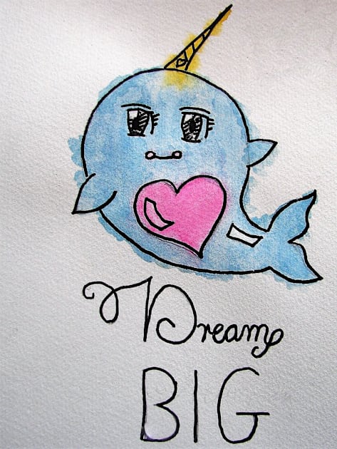 Dream Big Narwhal Watercolor Painting Kids T-Shirt by SarahRajkotwala