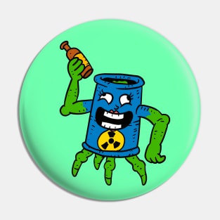 drinking nuclear waste barrel. power plant. silly cartoon. Pin