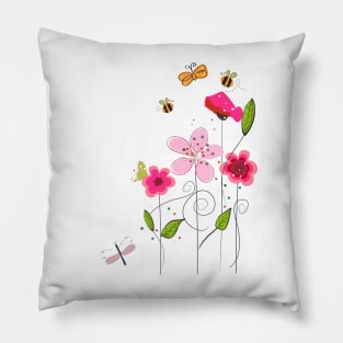 Pink spring flowers, bee, butterfly Pillow