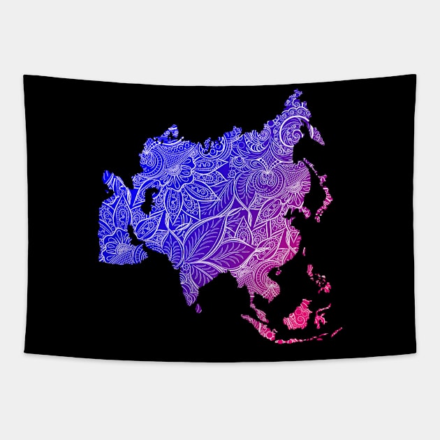 Colorful mandala art map of Asia with text in blue and violet Tapestry by Happy Citizen