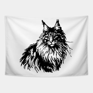 Stick figure of Maine Coon cat in black ink Tapestry