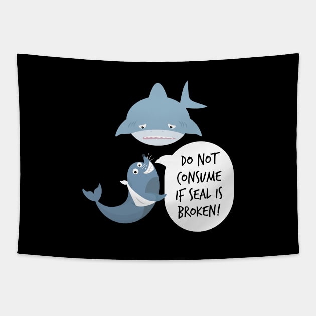 Fun design with a seal broken hungry shark. Tapestry by SzarlottaDesigns