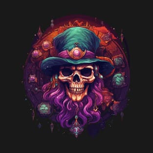 Spooky Bearded Skull Wearing A Top Hat T-Shirt