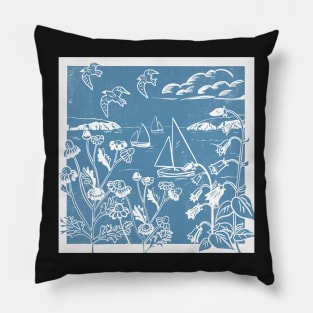 Seaside Linoprint of Sailing Boats and Blue Skies Pillow