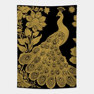 Mustard Yellow Block Print Peacock with Flowers Tapestry