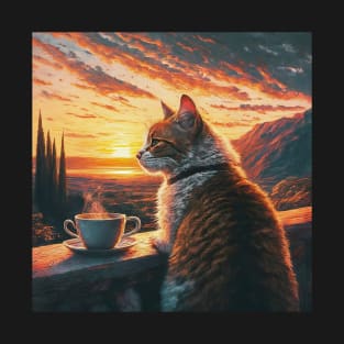 funny cat watching sunset with coffee, funny cats and coffee, cats lover T-Shirt