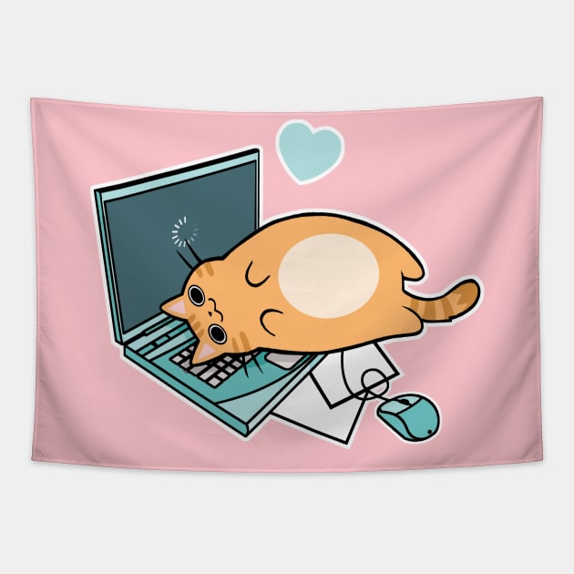 Cute Laptop Cat Tapestry by SarahJoncas